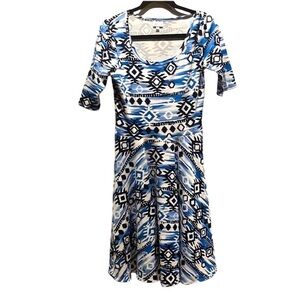 Lularoe Nicole Dress Navy Blue Geometric Aztec Style Print Size Small (6-8)